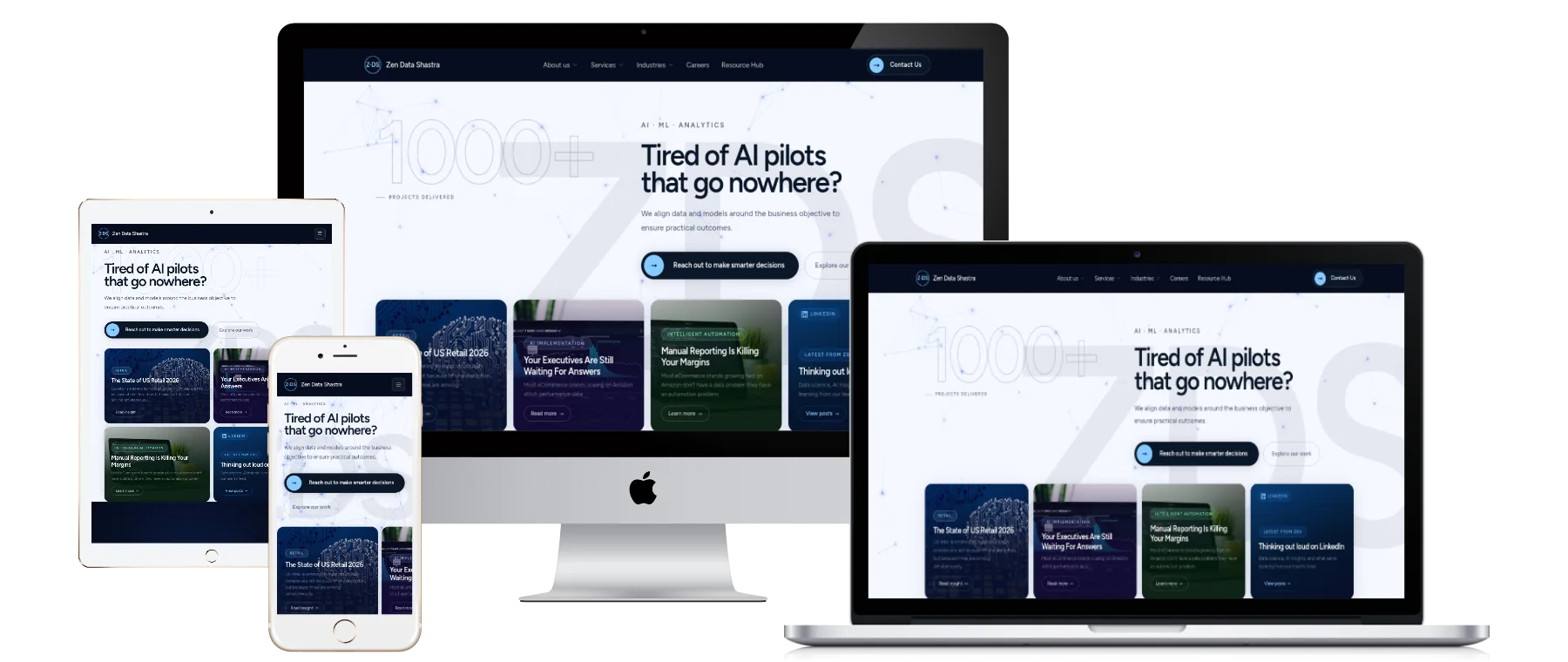 The Zen Data Shastra website shown on a desktop, laptop, tablet and phone